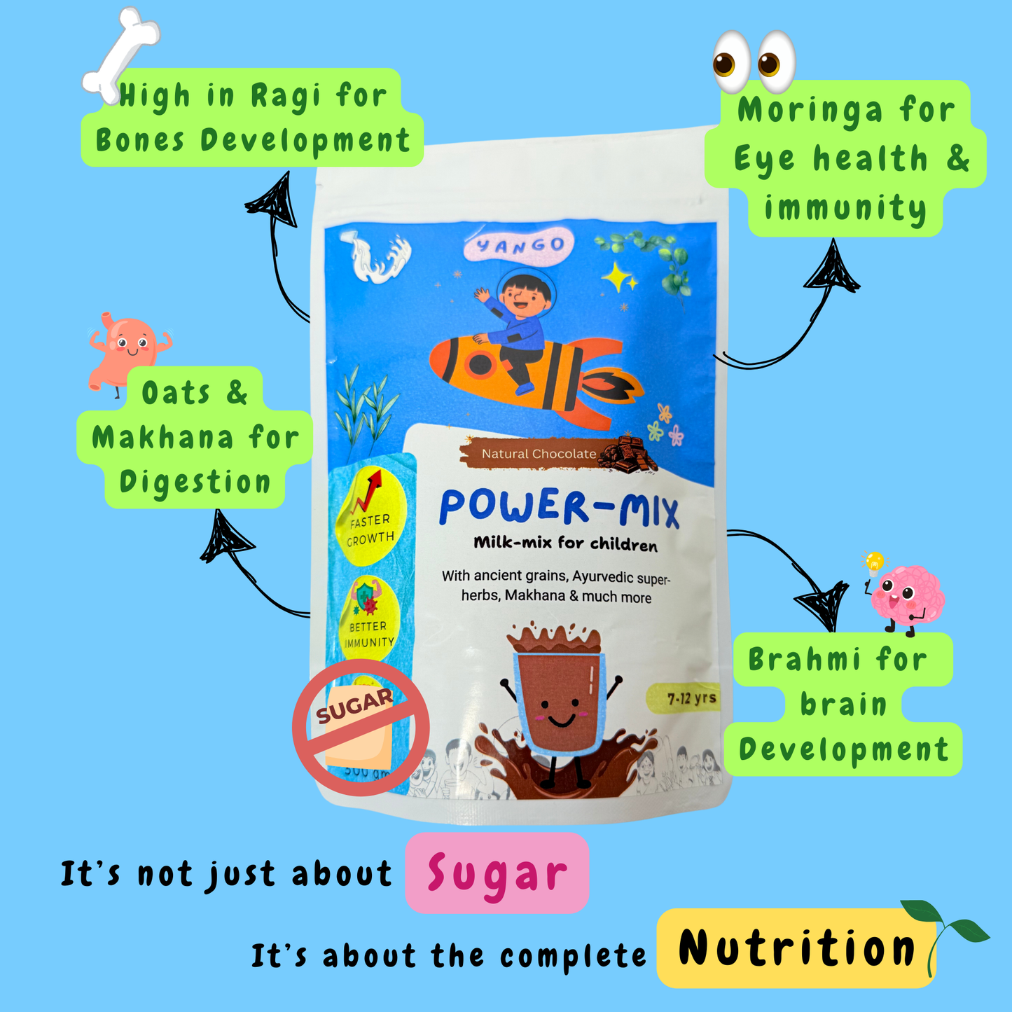 Yango Healthy Power Mix | 7-12 Years | Goodness of Ragi, Oats, Ashwagandha, Brahmi & Moringa